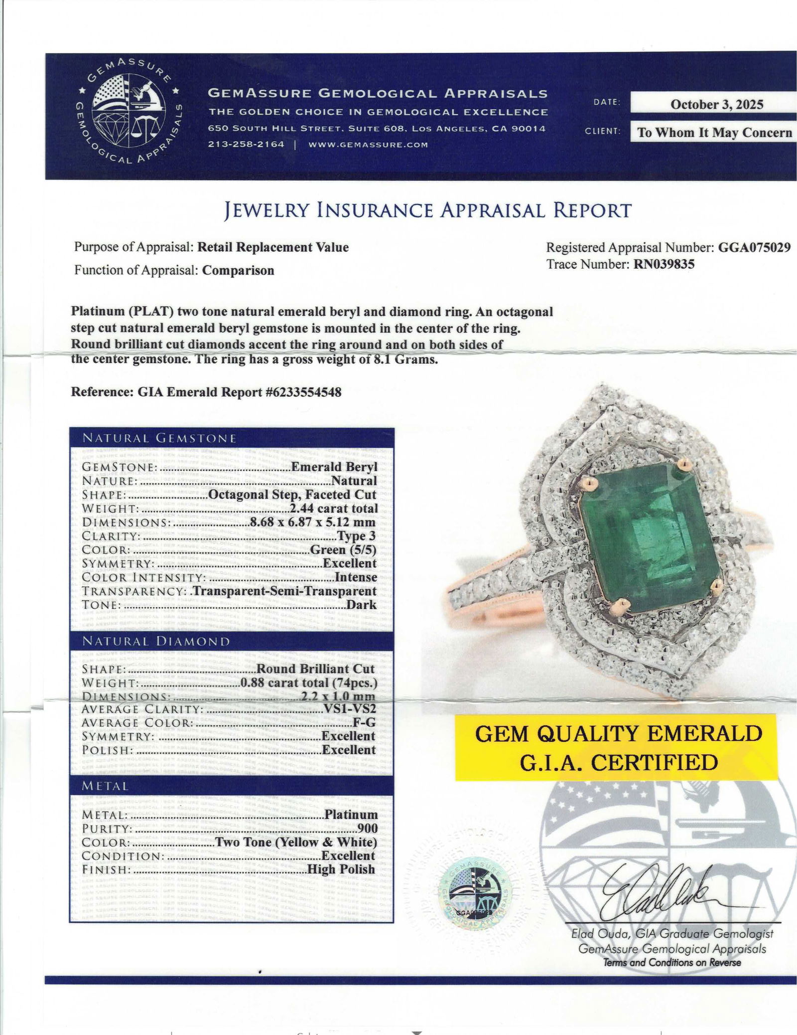 PLATINUM, EMERALD AND DIAMOND RING. - 3