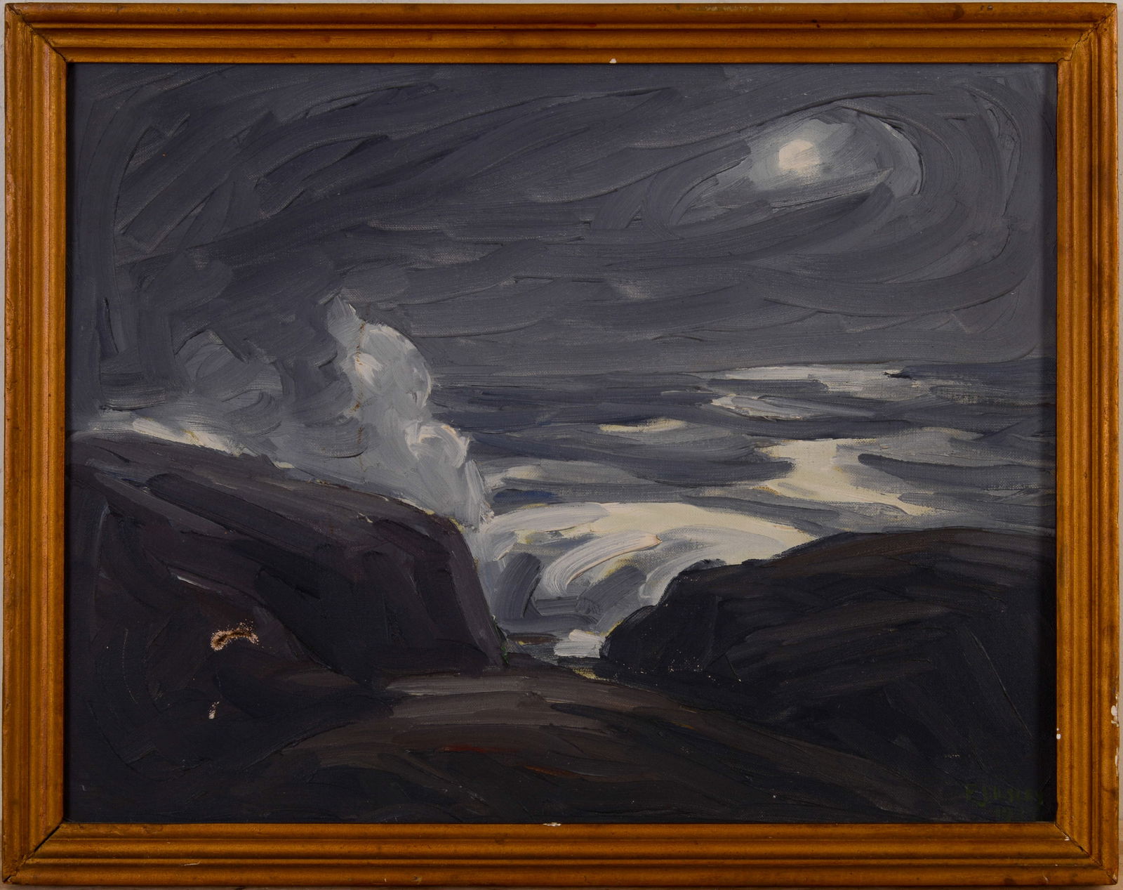 Frederick J. Ilsley Moonlit Seascape.: (Maine 1855-1933), oil on canvas, 17 x 22 inches, signed and dated 1924 l.r., hole l.l. Framed, 19 x 24 inches.