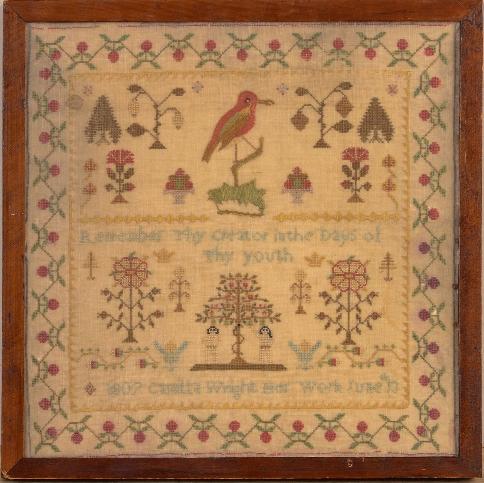 Camilla Wright's Schoolgirl Sampler, 1807.: With birds, Adam & Eve, trees and flowers, framed, 14.75 x 14.75 inches. In a very good state of preservation, some slight discoloration.