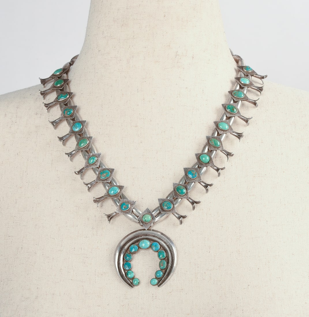 Navajo Sterling and Turquoise Squash Blossom Necklace. (1 of 3)