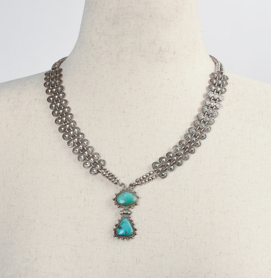Navajo Sterling Silver Necklace With Turquoise Pendant. (1 of 3)