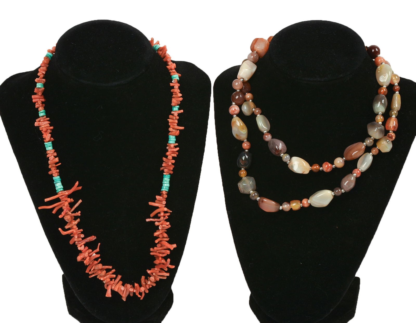 Three Beaded Necklaces.: One stone, length 30 inches. One coral, and one turquoise, both need restringing.