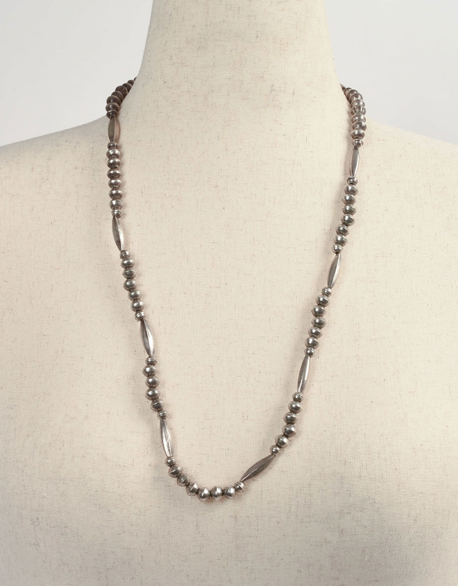 Navajo Sterling Silver Beaded Necklace.: Length 27 inches, 1.067 ozt.