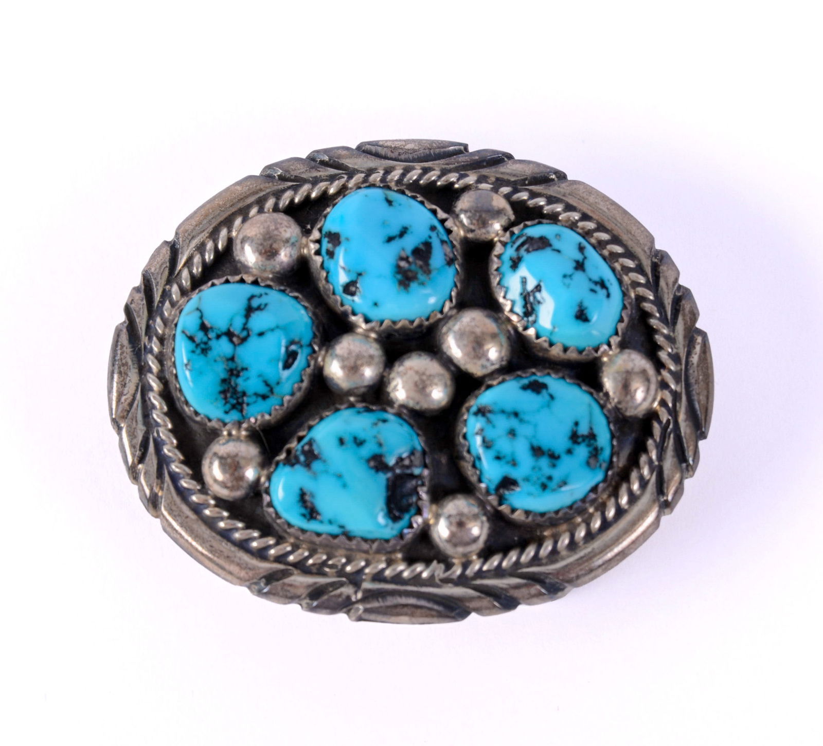 Tommy Moore Navajo Sterling and Turquoise Belt Buckle.: 1.75 x 1.5 inches, stamped signature.