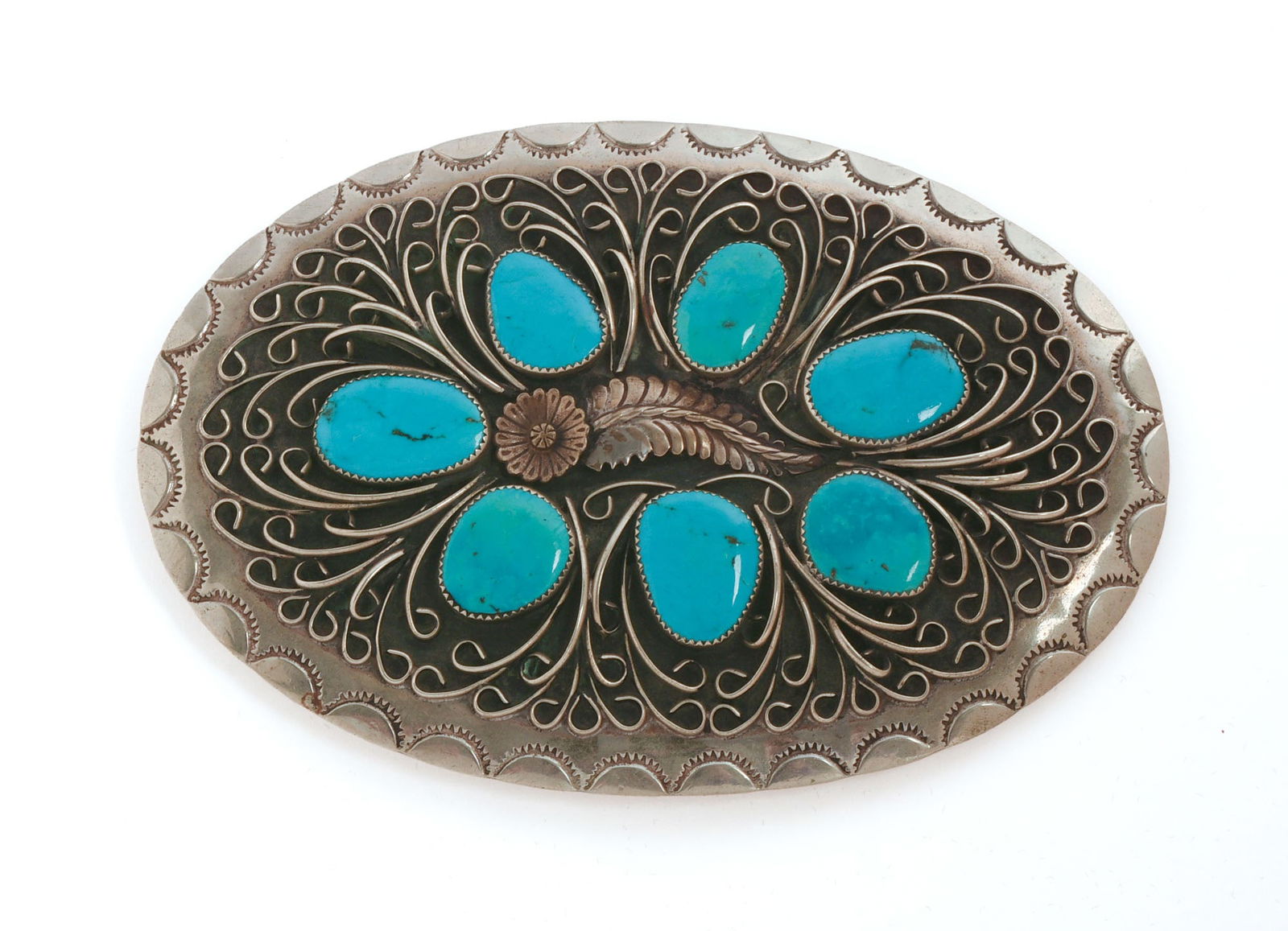 Very Large Navajo Silver and Turquoise Belt Buckle. (1 of 4)