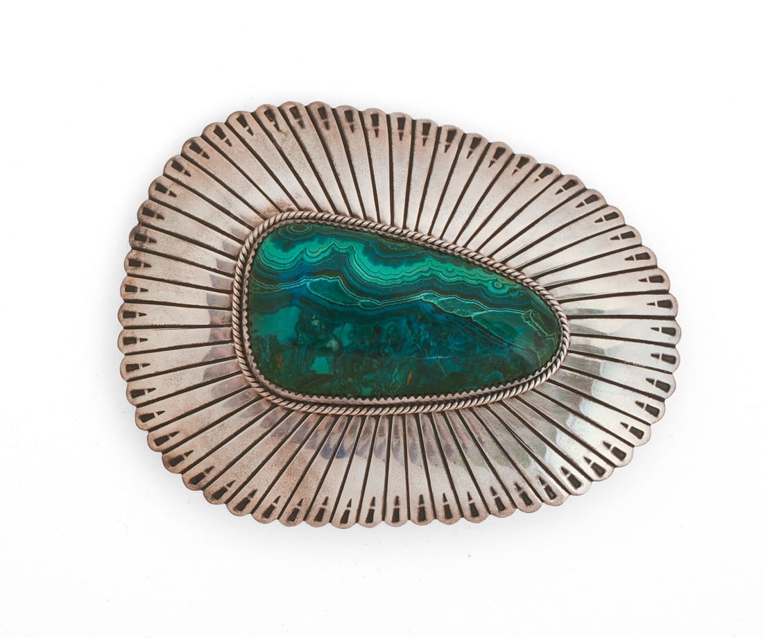 D. Begaye Navajo Sterling and Malachite Belt Buckle.: 2.75 x 3.75 inches.