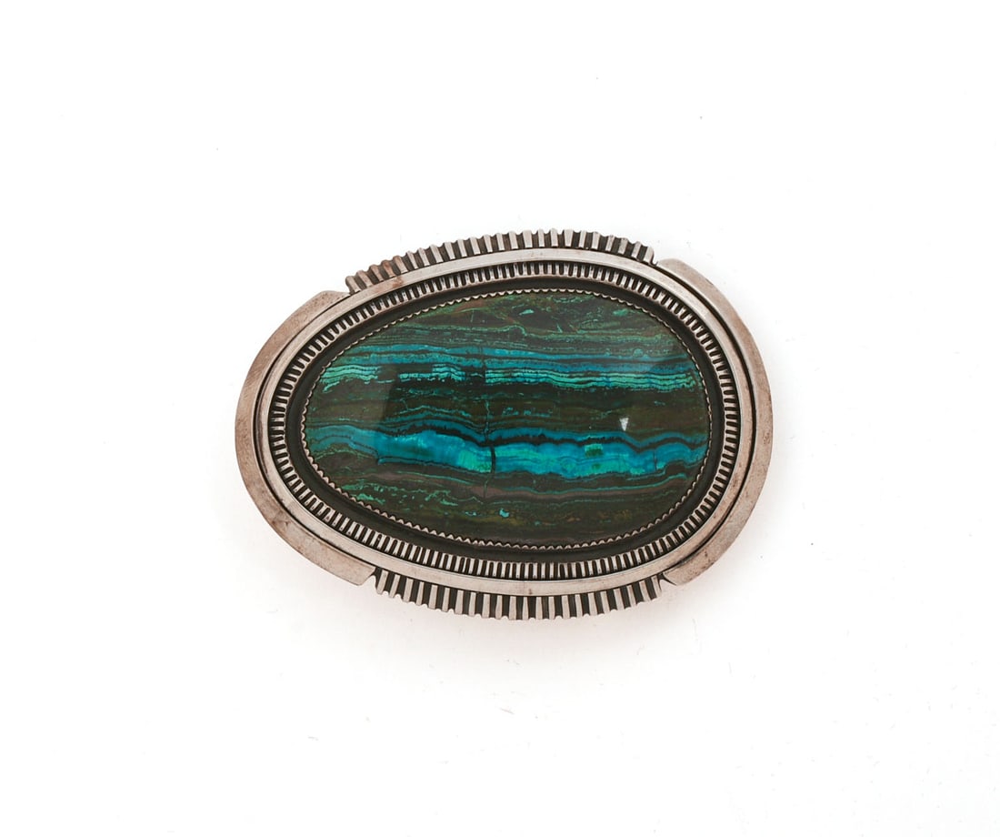 Native American Sterling Silver Belt Buckle.: 2.25 x 3.25 inches, signed RB.