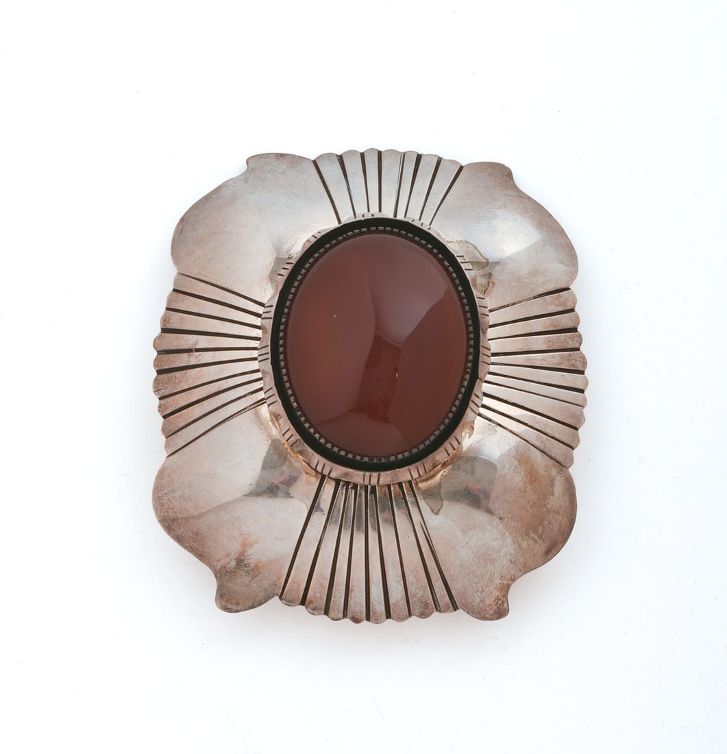 P. Attakai Navajo Sterling Silver Carnelian Belt Buckle.: 3 x 3.5 inches, stamped mark.
