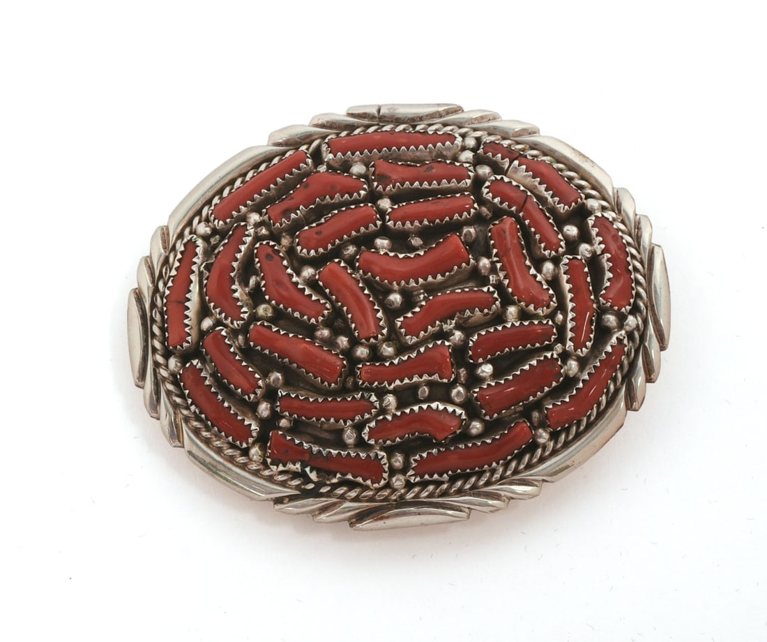 Native American Sterling Silver and Coral Belt Buckle.: 2.5 x 3 inches, 50.2 grams.