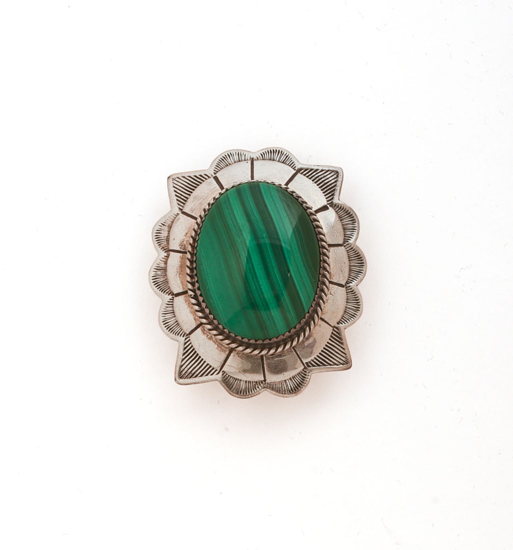 Small Native American Sterling Silver and Malachite Belt Buckle.: 1.5 x 2 inches, stamped RB.