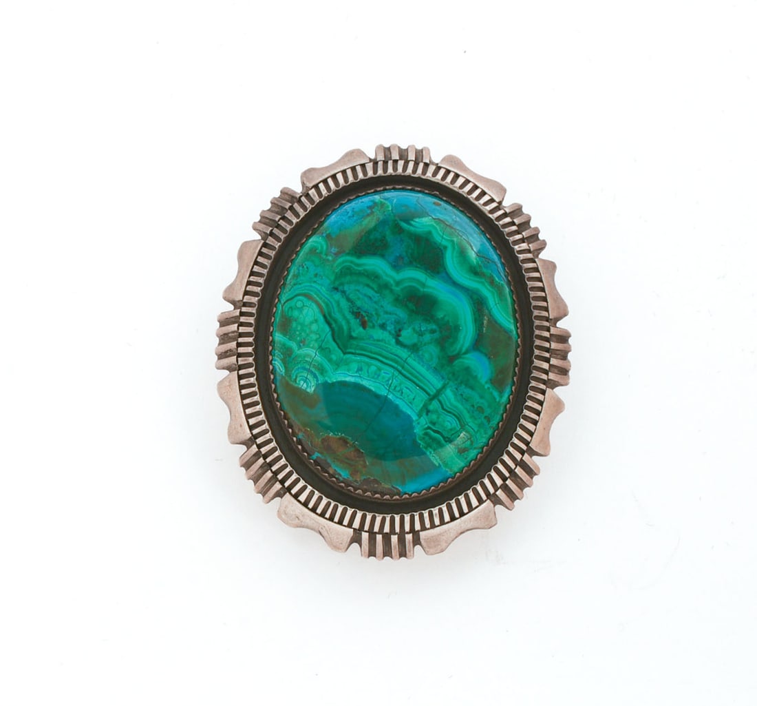 Native American Sterling Silver and Malachite Belt Buckle.: 1.75 x 2.25 inches, stamped Begay.
