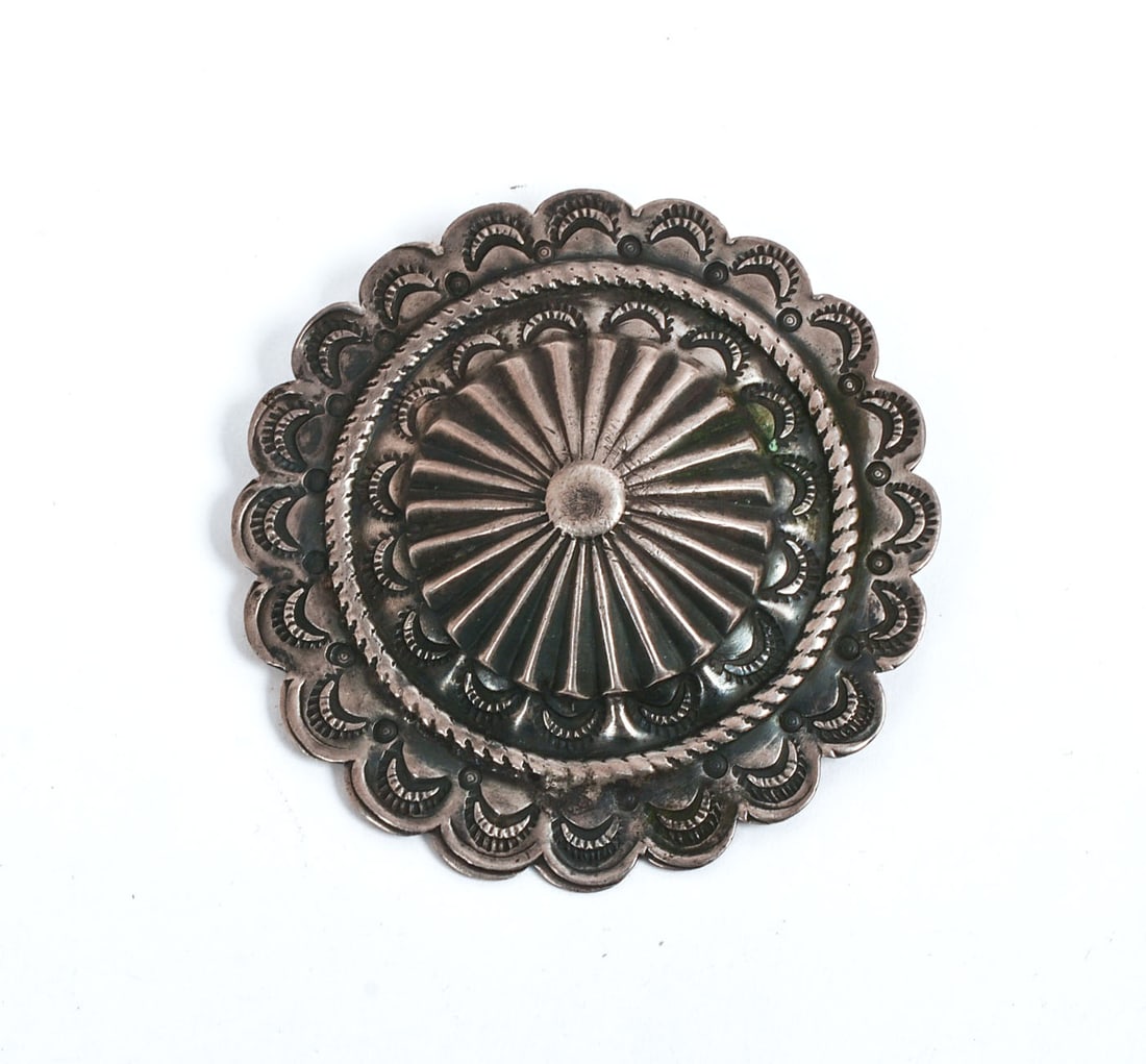 Native American Sterling Silver Concho Brooch With Raised Pinwheel: Diameter 2.25 inches, 0.46 ozt.