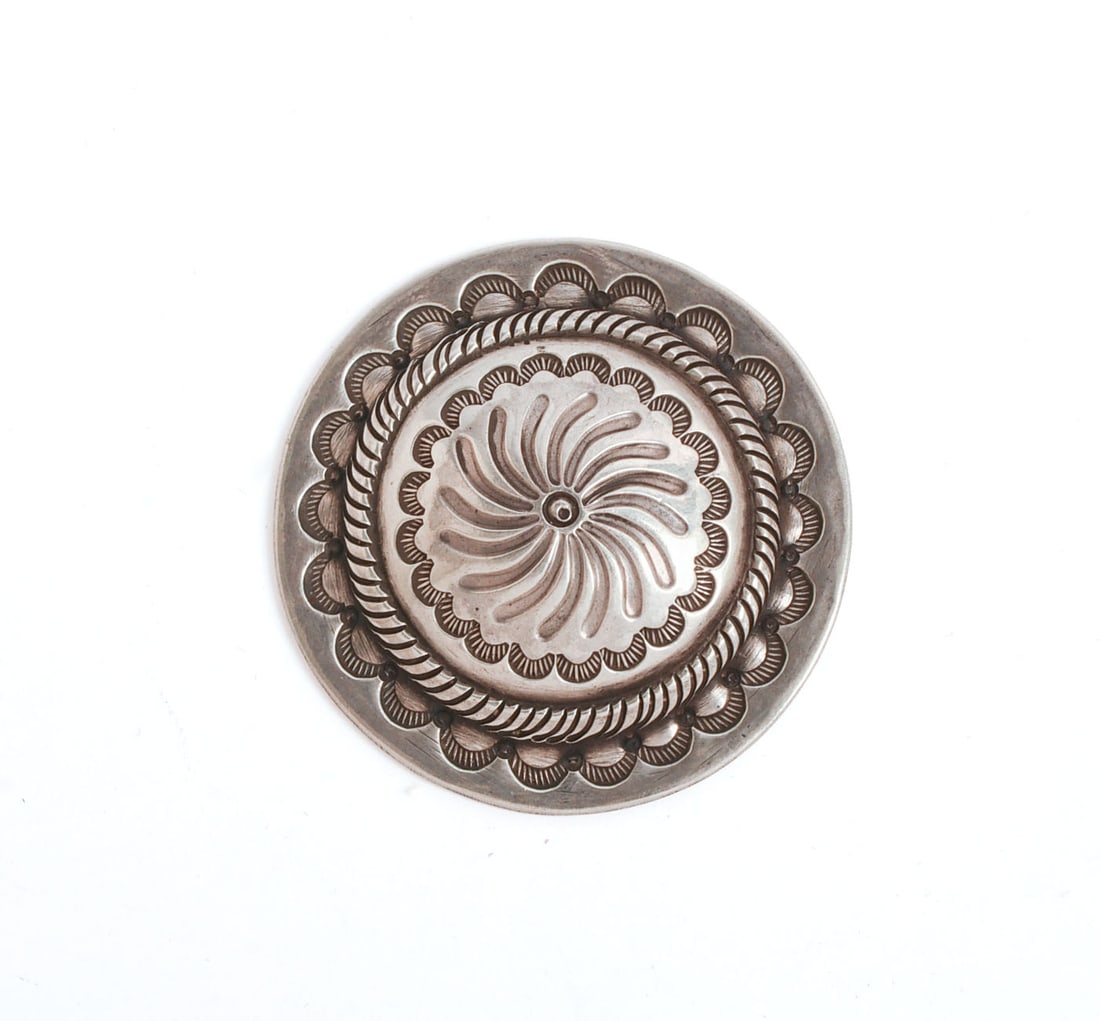 Native American Sterling Silver Concho Brooch With Raised Pinwheel: Diameter 1.75 inches, 0.80 ozt.