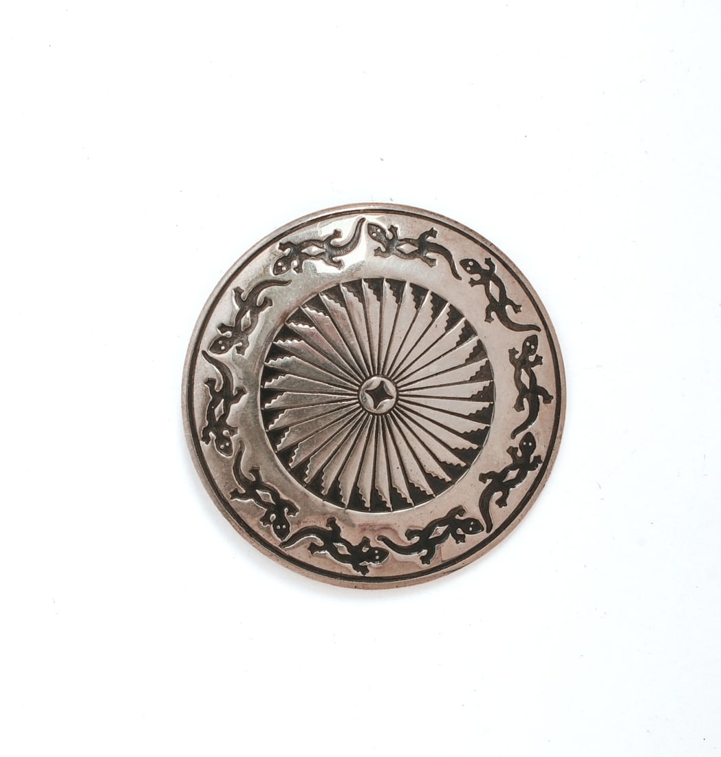 Native American Sterling Concho Brooch With Lizards.: Diameter 1.75 inches, 0.5 ozt.