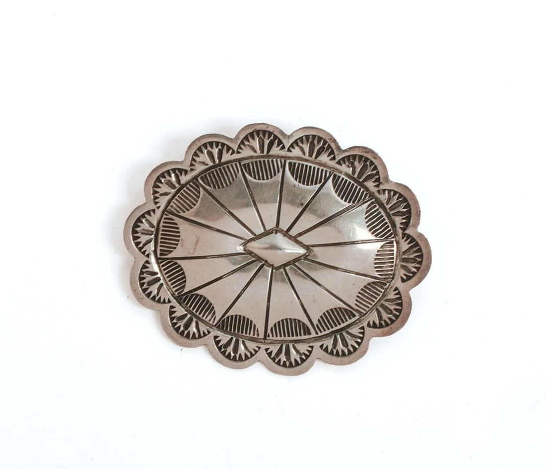 Native American Sterling Concho Brooch: 2 x 1.5 inches, 0.3 ozt