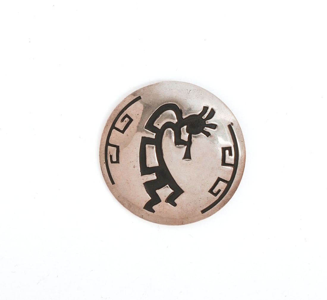 Native American Sterling Dancing Kokopelli Brooch.: Diameter 1.25 inches, 0.28 ozt