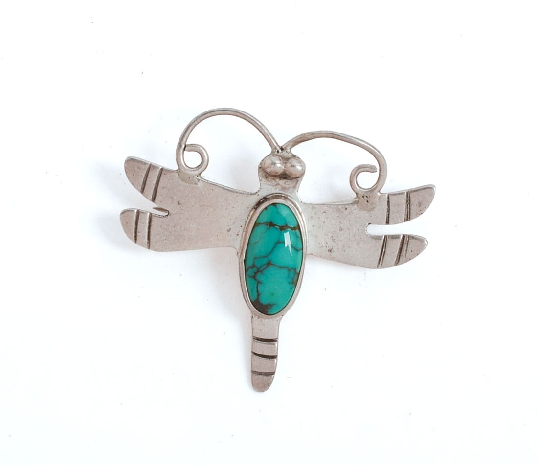 Native American Sterling and Silver Dragonfly Brooch.: 1.5 x 1.25 inches, 0.17 ozt.