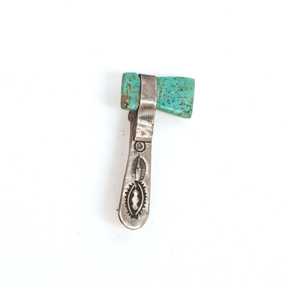 Native American Sterling and Turquoise Tomahawk Brooch.: Length 1.25 inches, 0.065 ozt.