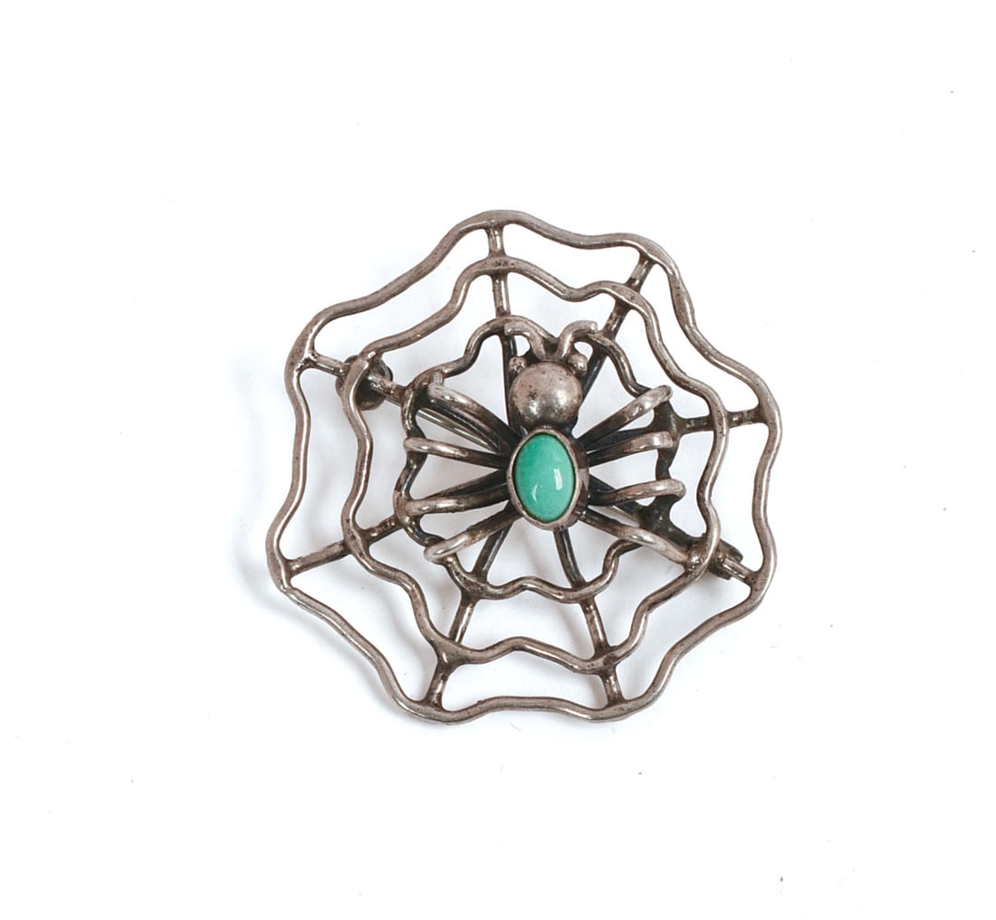 Native American Sterling and Turquoise Spider Brooch.: Diameter 1.5 inches, 0.193 ozt.