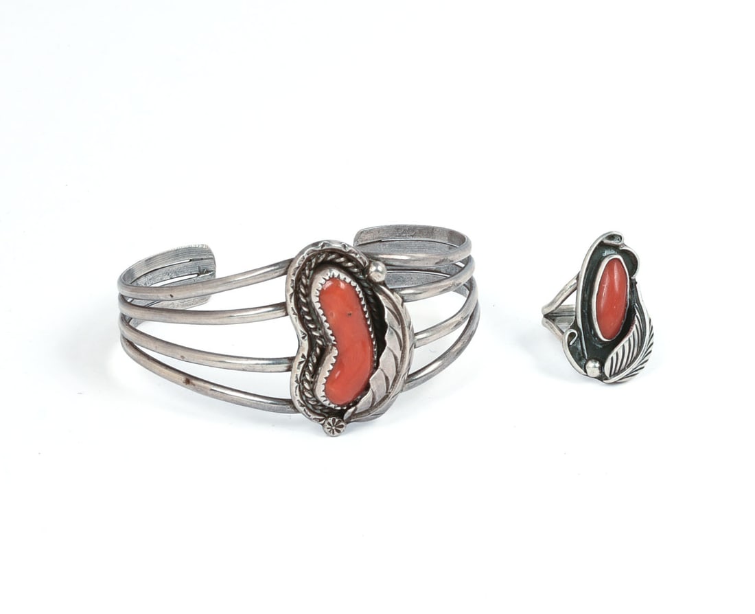 Navajo Sterling Silver Bracelet and Ring Set.: Inside diameter of bracelet 2.375 inches, ring size 4.75. 0.954 ozt.