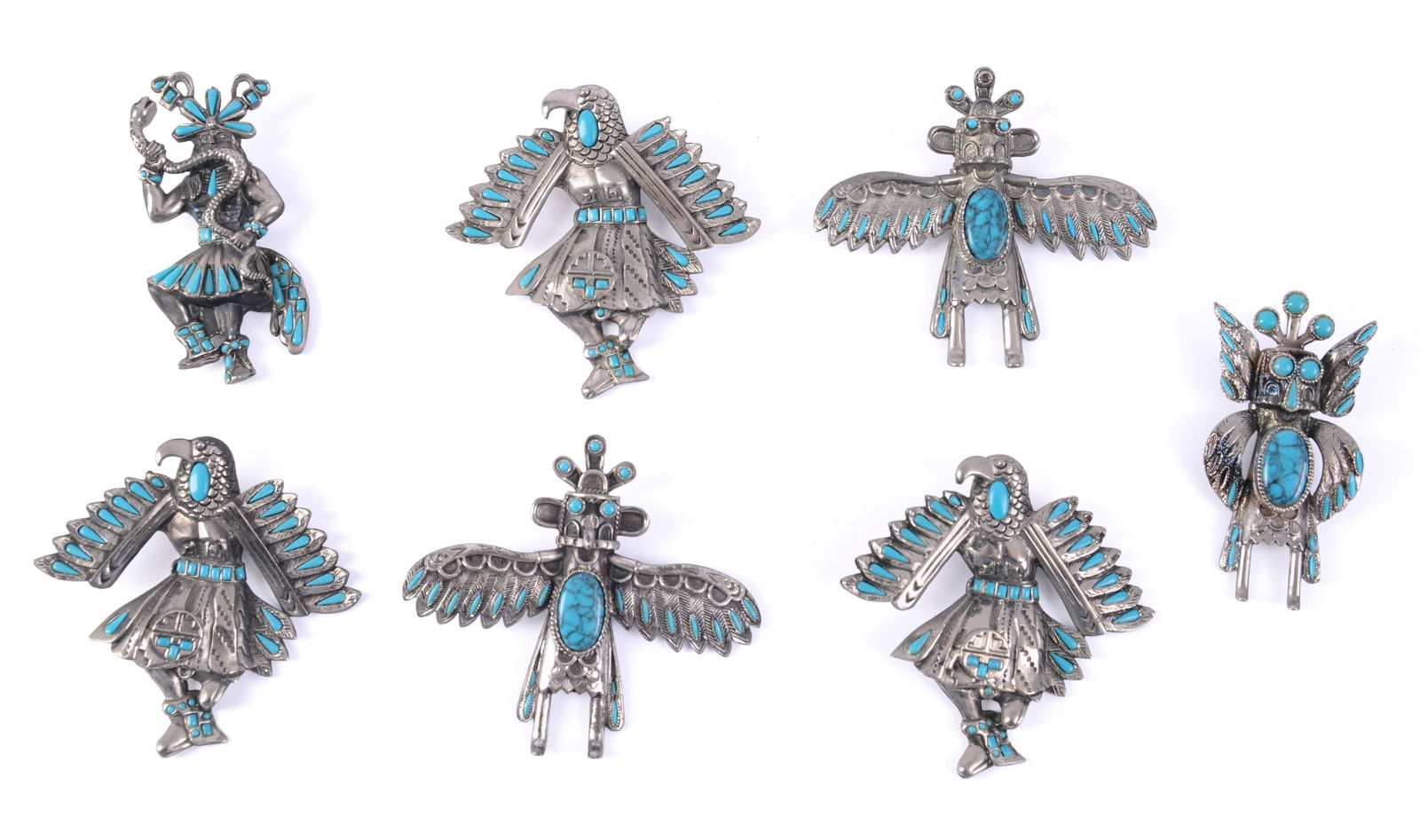 Group of Native American Style Bolo Tie Clips.: Silvered metal, height 3 to 4 inches.