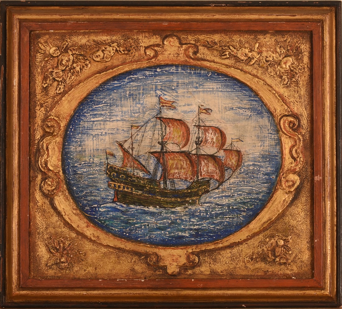 MILDRED BURRAGE (1890 - 1983). RELIEF PAINTING OF A SHIP. (1 of 2)