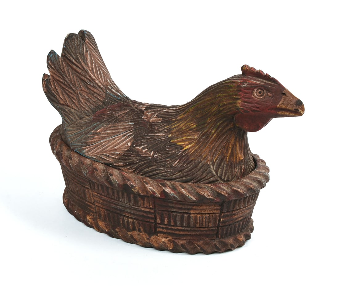 Folk Art Carved and Painted Hen on Nest.: 6 x 7.5 x 4.5 inches.