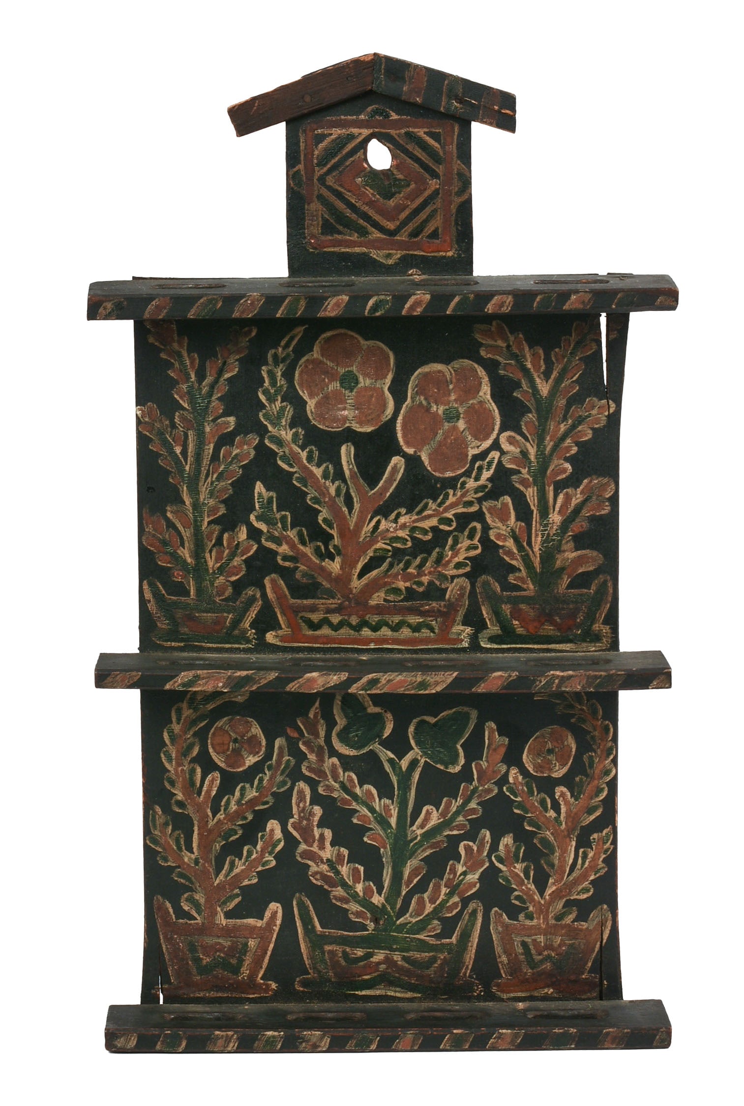 Folk Art Painted Spoon Rack.: Decorated with flowering plants, 19th century, 14 x 8.5 x 1.5 inches. Early replaced piece at top.
