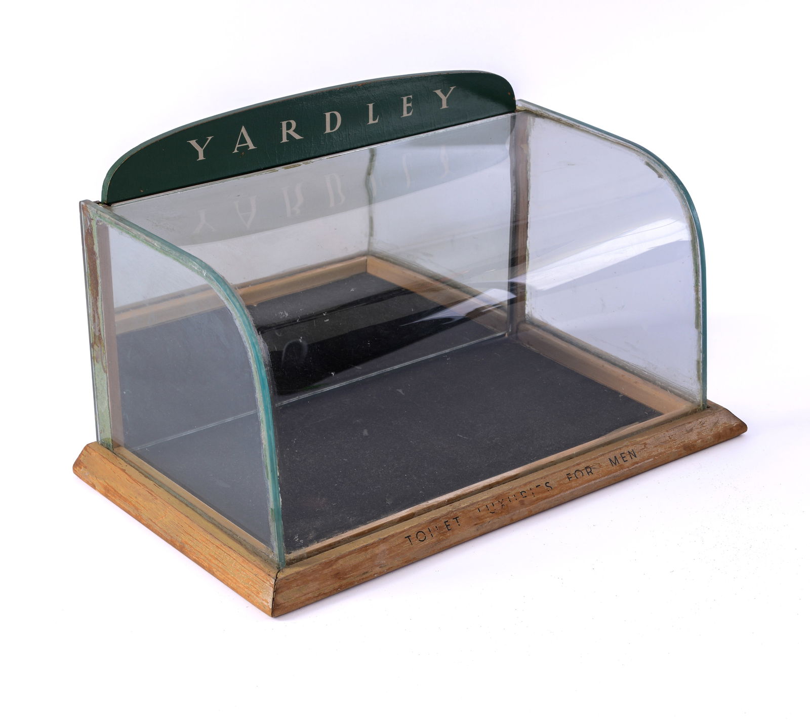 Yardley Countertop Display Case.: 9 x 15 x 9 inches. Text somewhat worn.