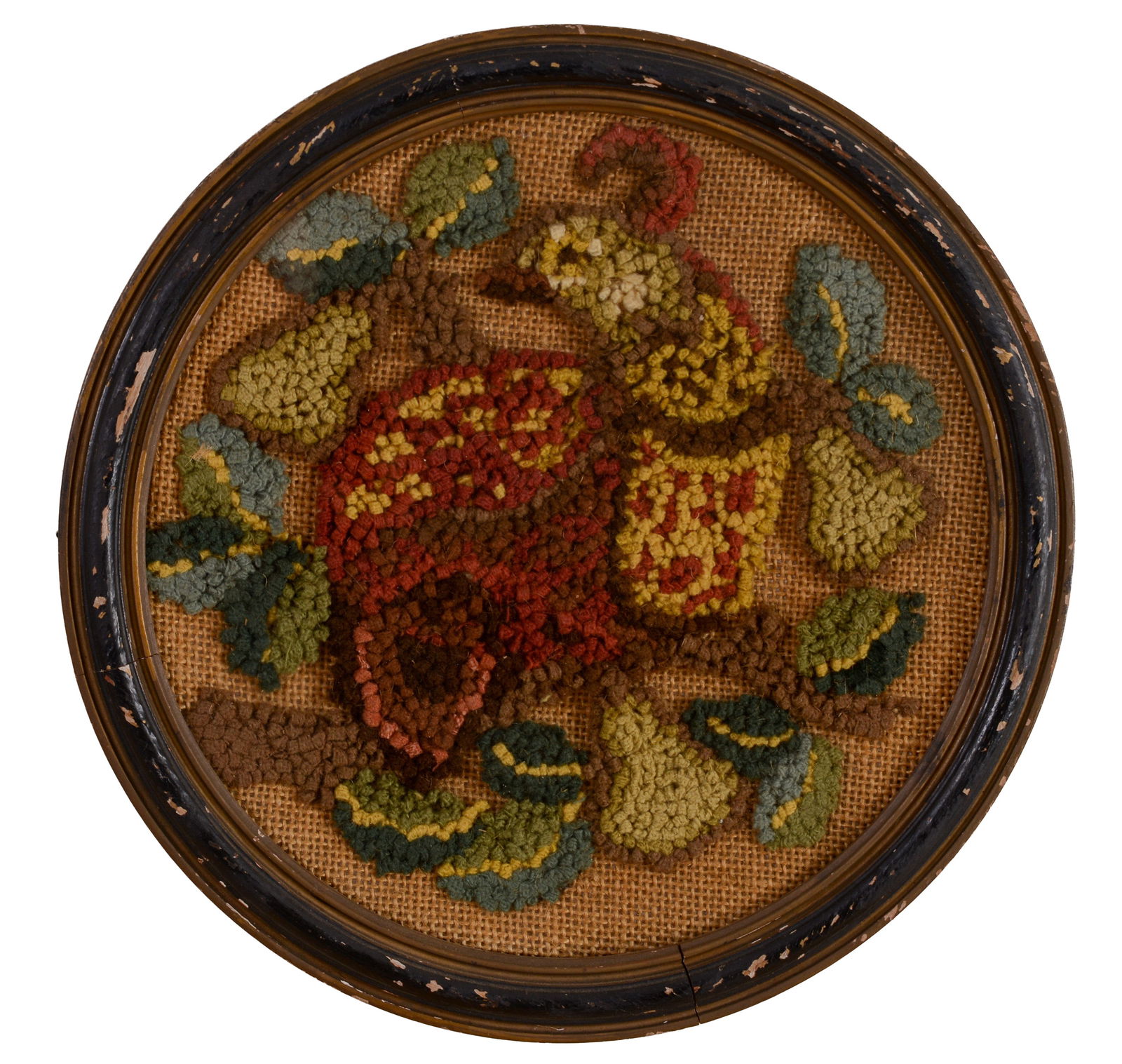 Crewel Work Wall Hanging With Bird.: Framed, diameter 10 inches. Some losses to frame.