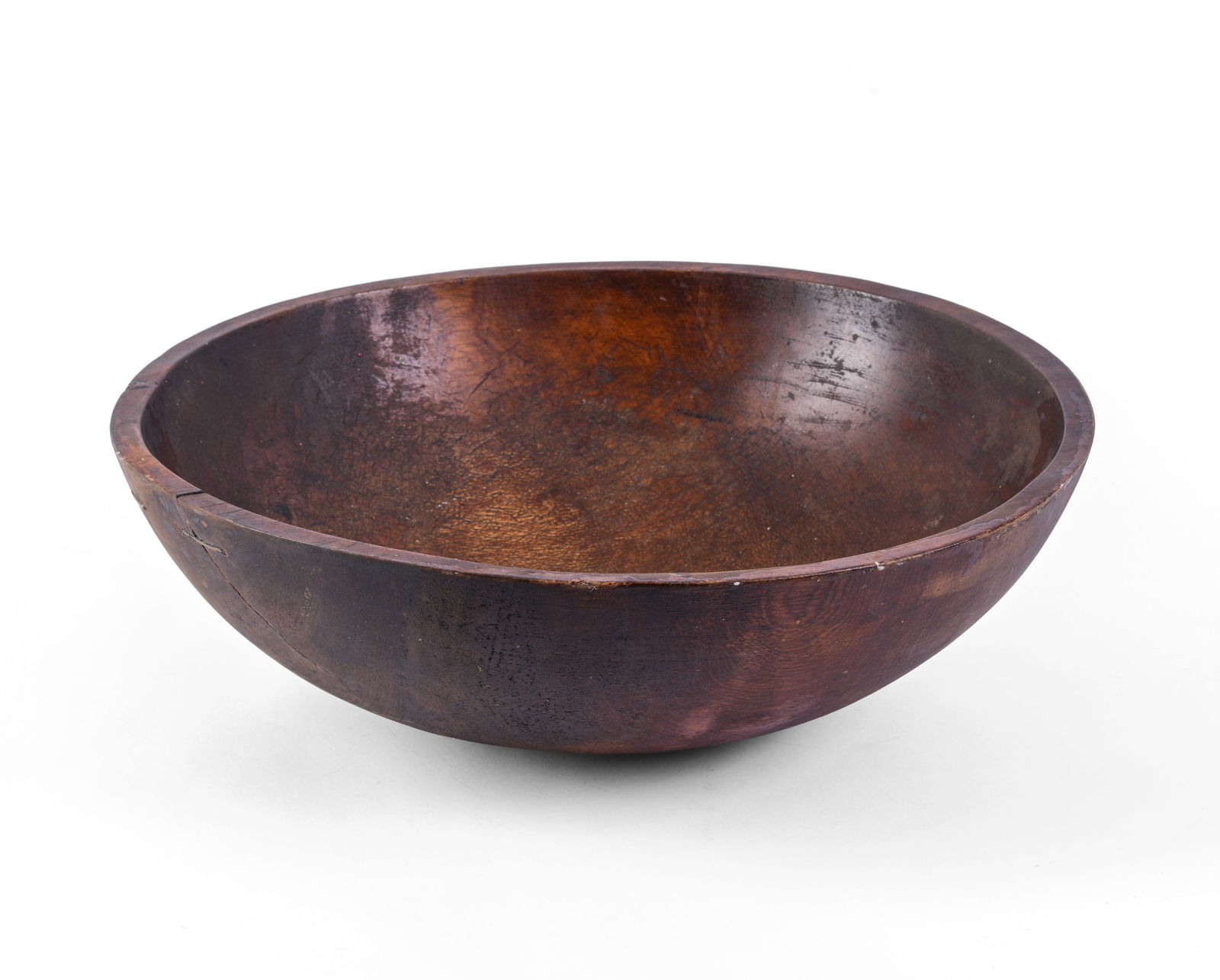 Large Wooden Bowl.: Diameter 18.75 inches. Nice old finish, old staple repair.