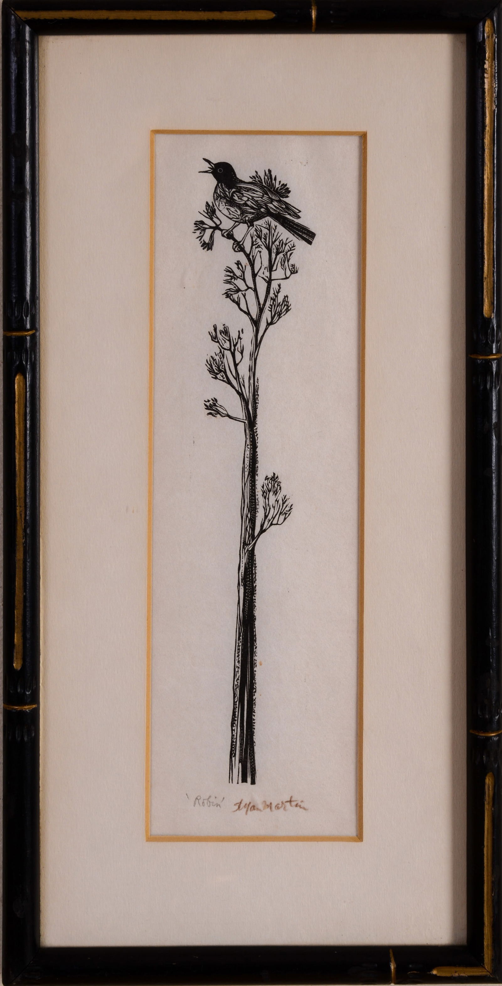 Stefan Martin Woodblock Print: Crow.: Pencil signed, 9 x 2.5 inches, sight. Framed, 13 x 6.5 inches.