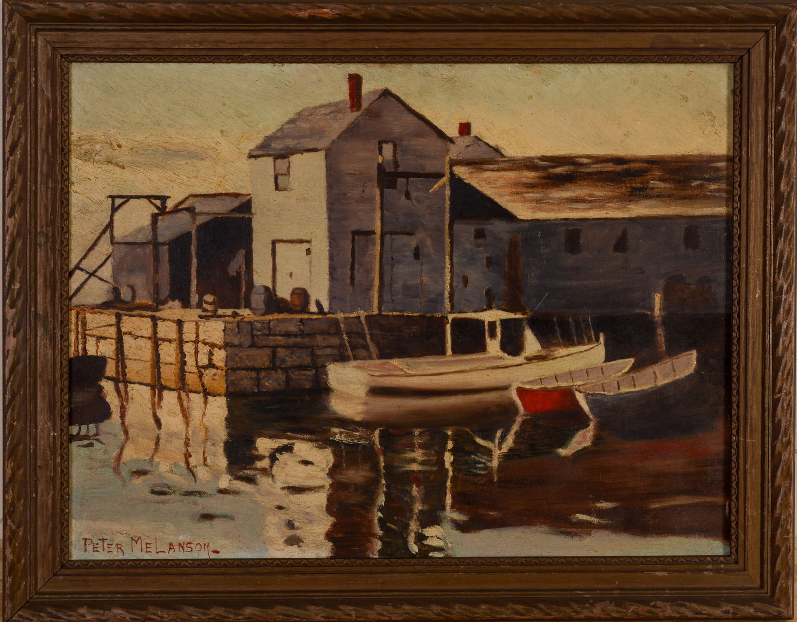 Peter Melanson. Fishing Wharf.: Oil on board, 12 x 16 inches, signed lower right.