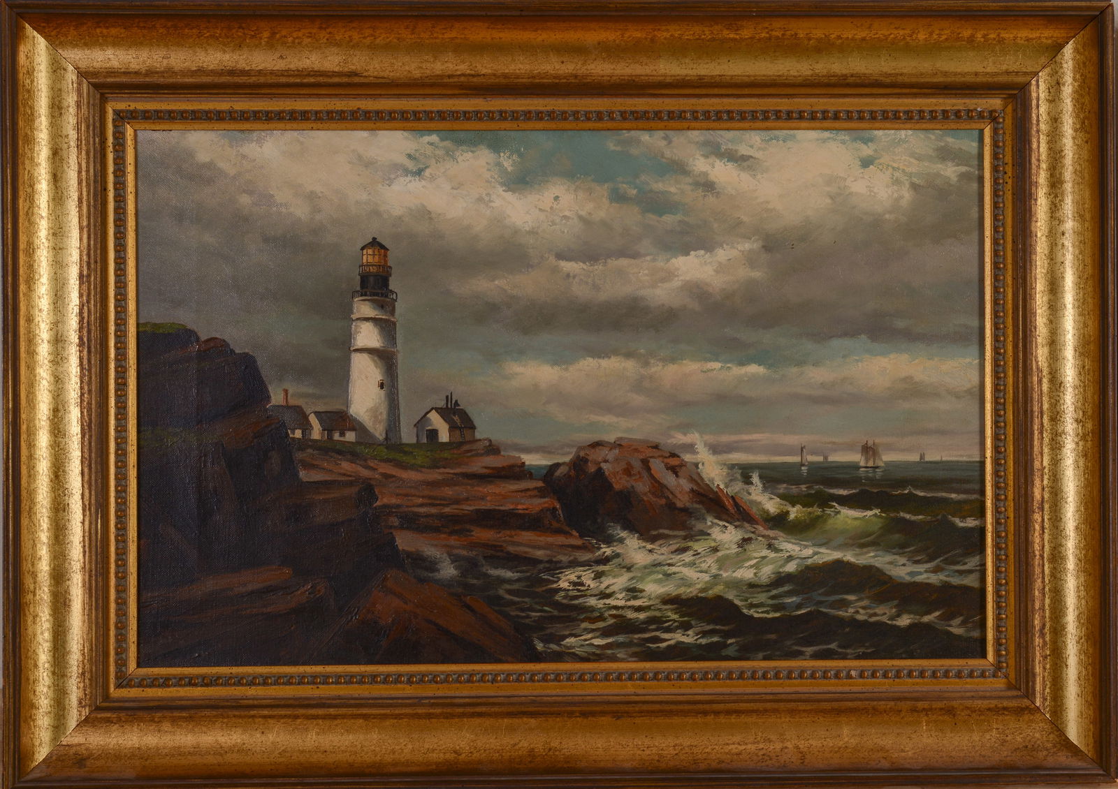 19th Century Painting of Portland Head Light.: Oil on canvas, 14 x 22 inches. In a later frame, 19.5 x 27 inches.