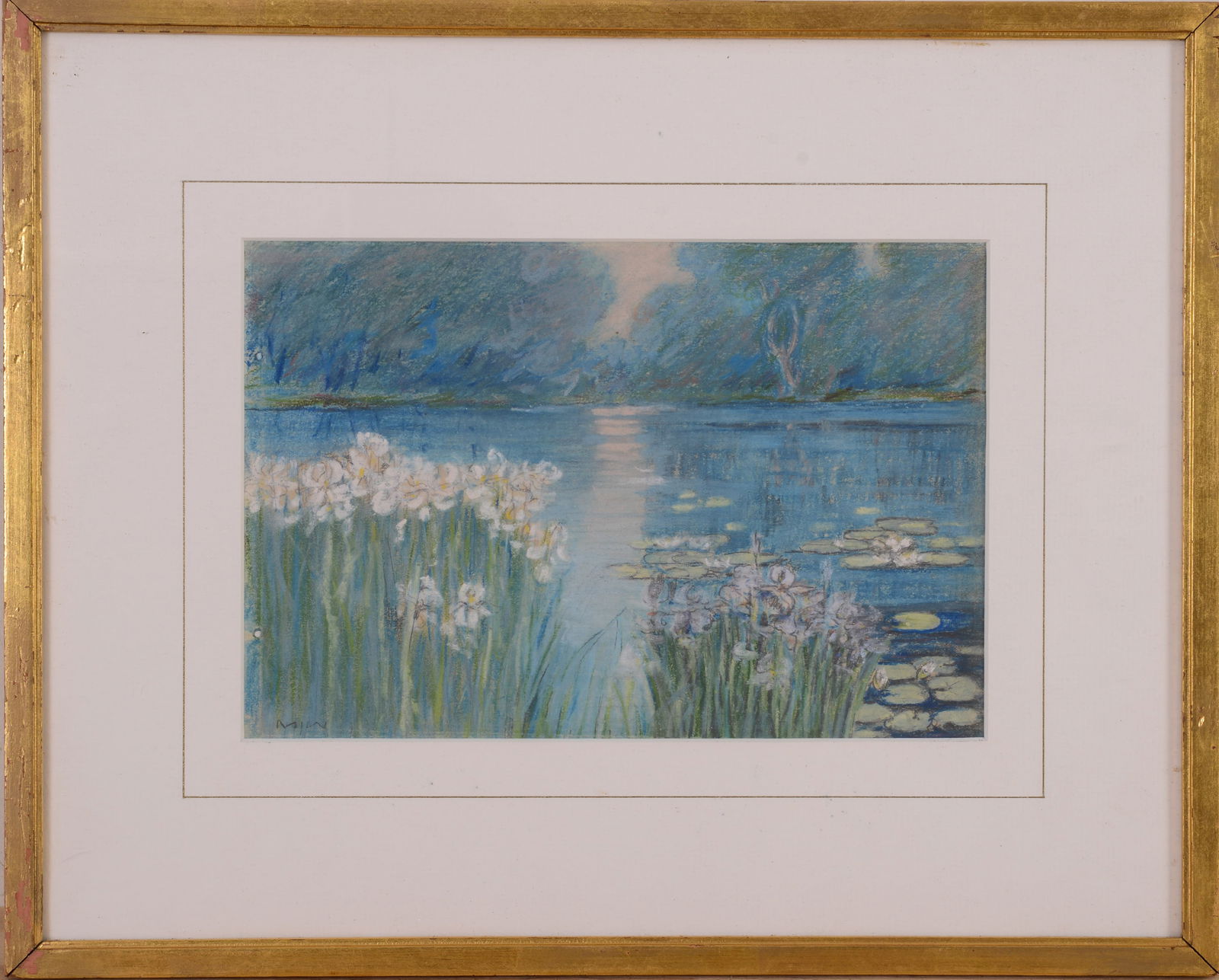 Mabel Josephine Hatch Williams Pastel.: (Massachusetts, New Hampshire 1870-1944), Impressionist view of a garden with waterlilies, pastel on paper, 6.5 x 10 inches, sight, signed l.l. Gilt frame, 13 x 16 inches.