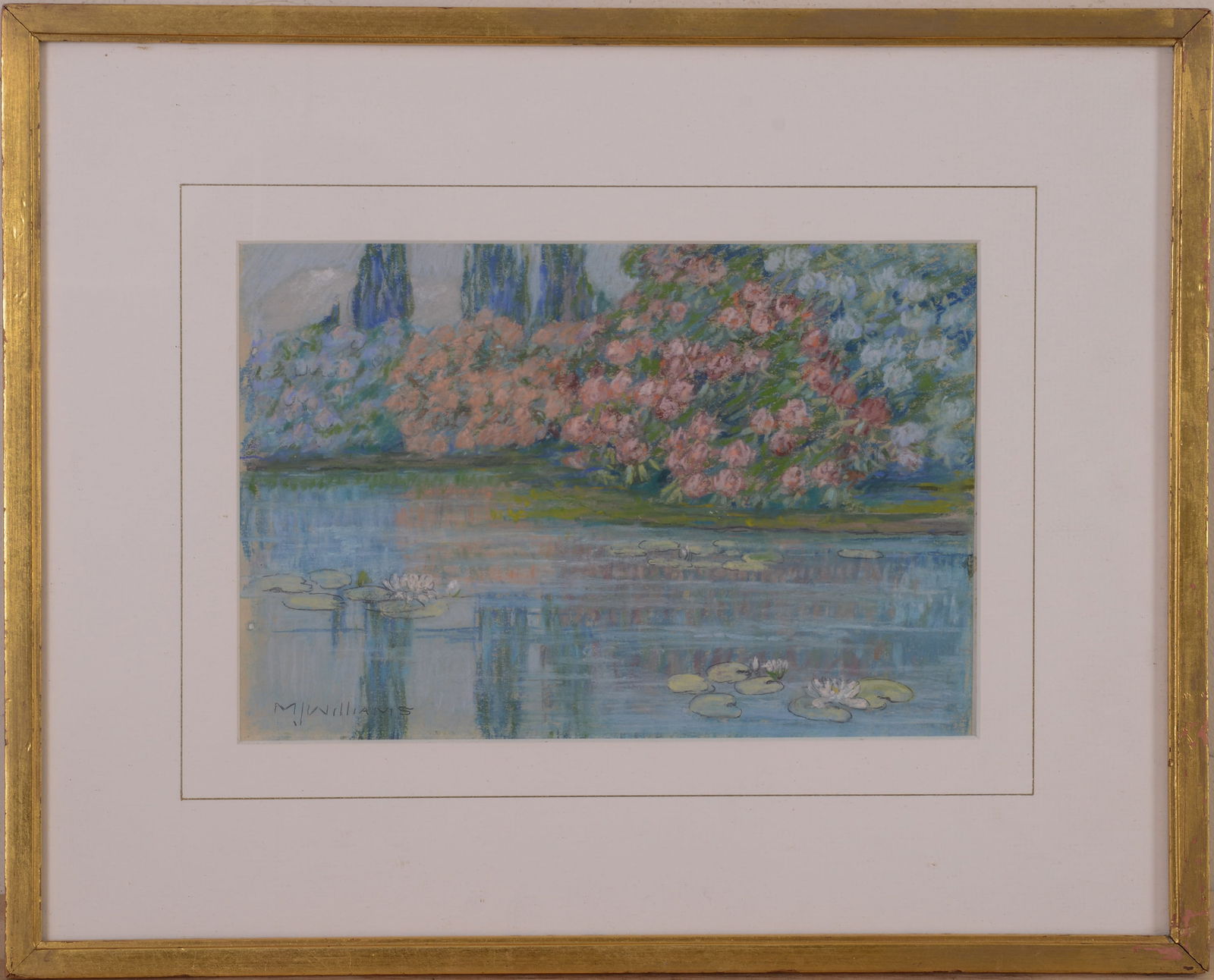 Mabel Josephine Hatch Williams Pastel.: (Massachusetts, New Hampshire 1870-1944), Impressionist view of a pond with irises, pastel on paper, 6.5 x 10 inches, sight, signed l.l. Gilt frame, 13 x 16 inches.
