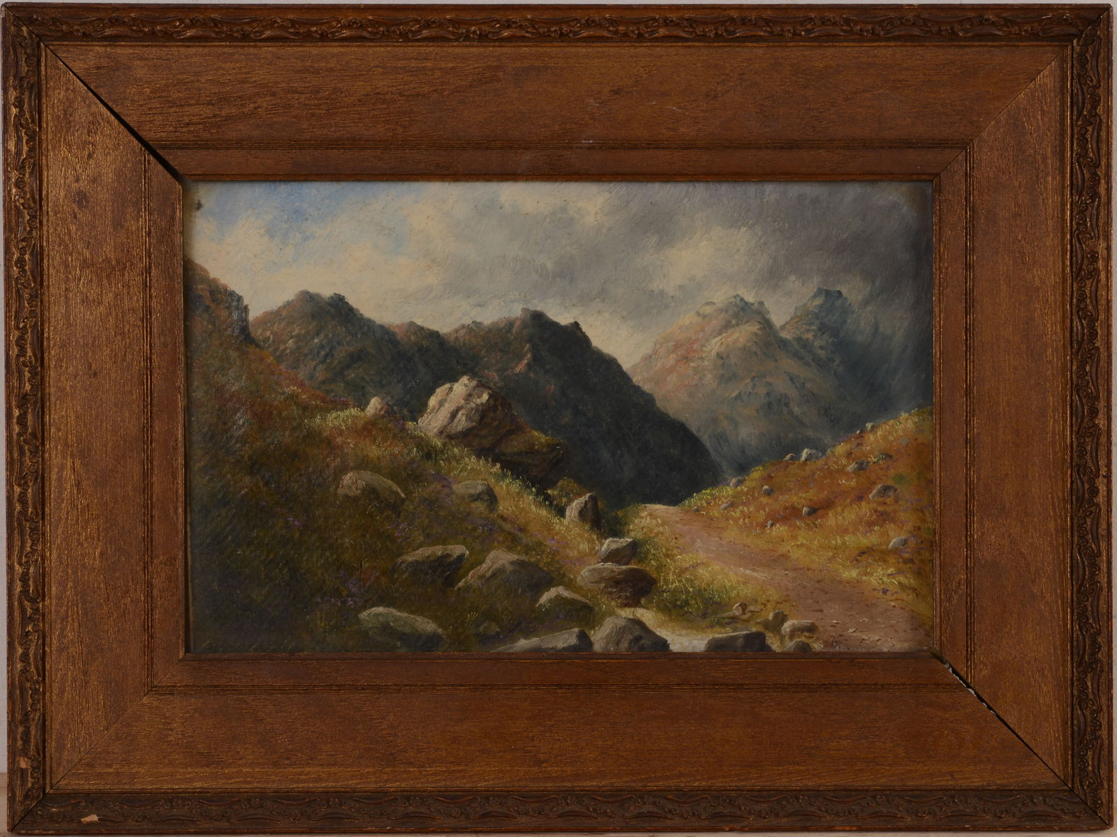 John Russell Scott Scottish Highlands Painting: McNabâ€™s Stone, Glen Ogel, titled and signed on Edinburgh gallery label on verso, oil on paper, 7 x 11 inches. Framed, 11 x 15 inches.