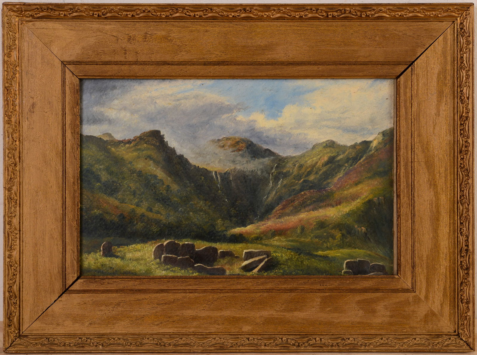 John Russell Scott Scottish Highlands Painting: (U.K., 1836-1876 active), Ancient Graves, Glen Cloy, titled and signed on Edinburgh gallery label on verso, oil, framed, 19th c.