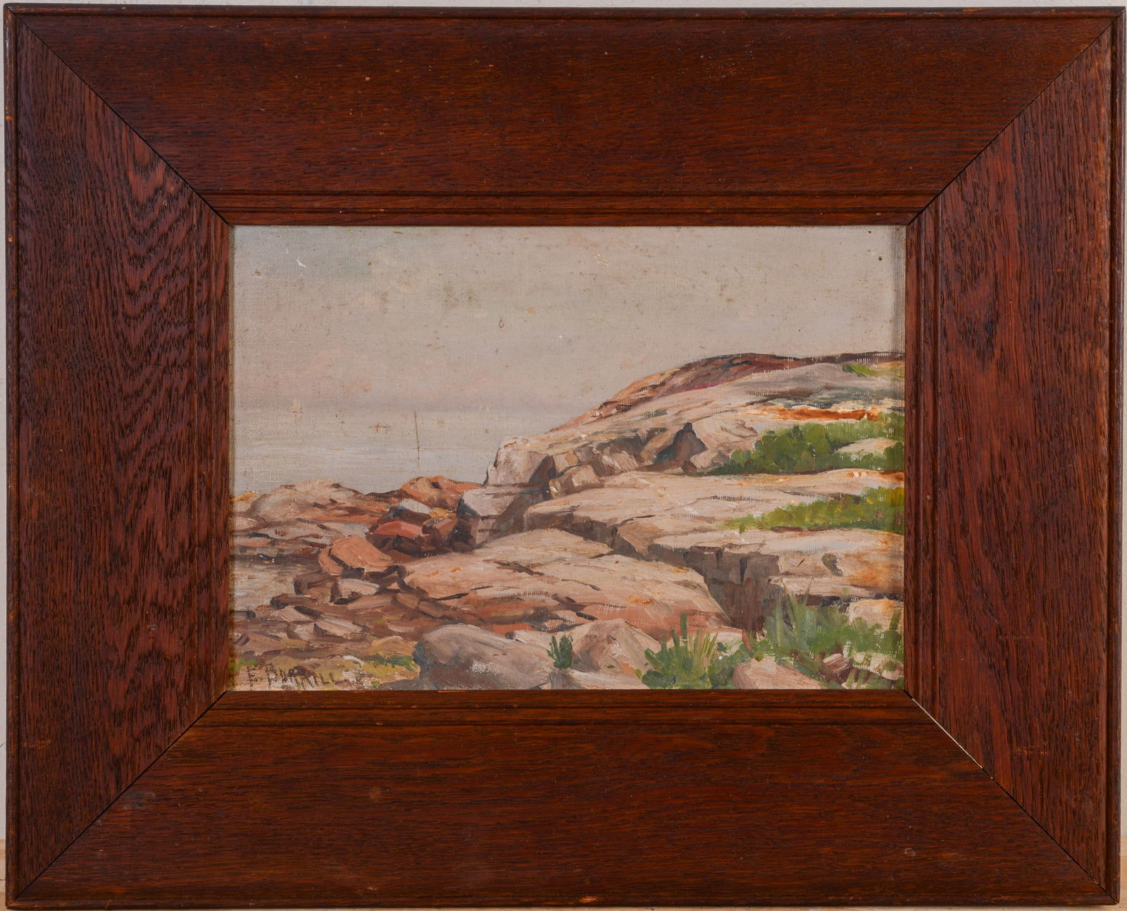 Edward Burrill Jr. Coastal Landscape: (Massachusetts, 1835-1913), signed ll, oil on board, 9.25 x 13 inches, wide oak frame, 17 x 20.5 inches.