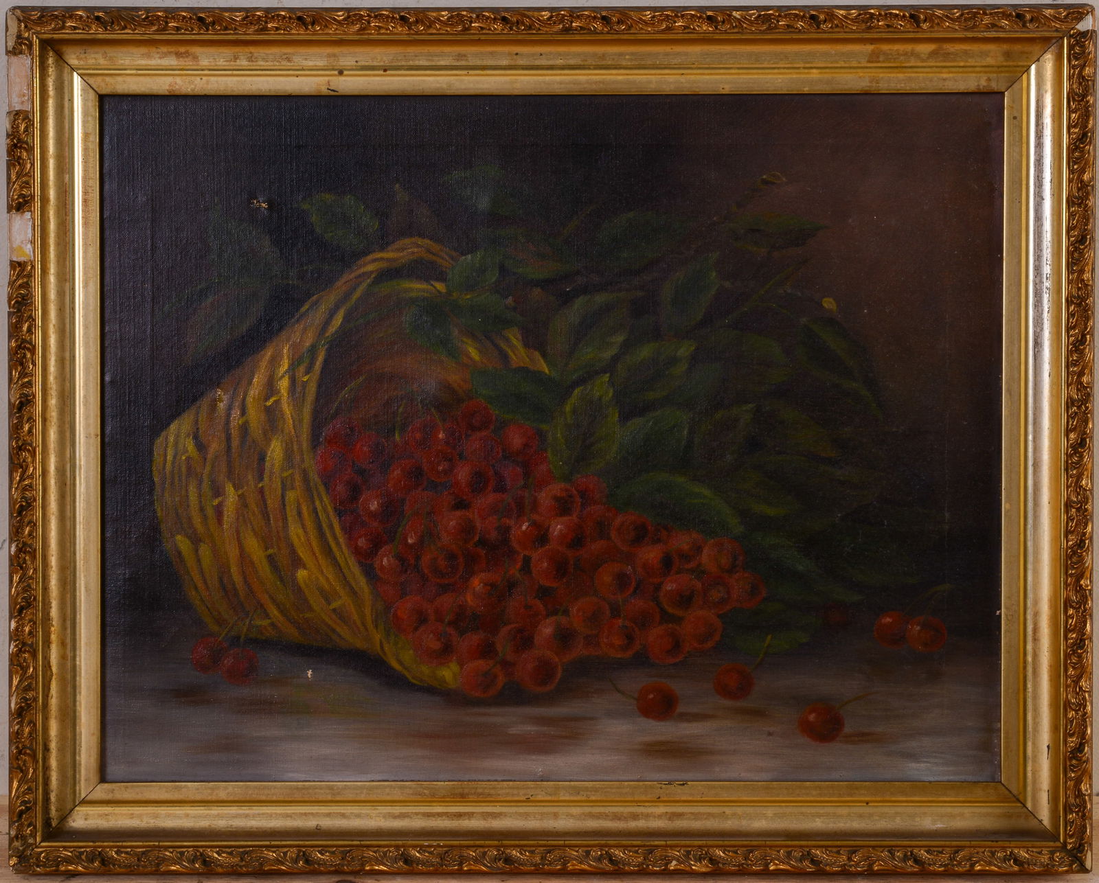 American Still Life of Cherries in a Basket: 19th century, oil on canvas, 14 x 18 inches. Framed, 17 x 21 inches.