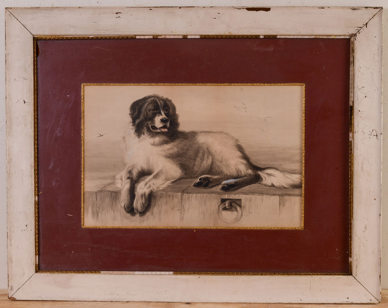 Large Watercolor of a Newfoundland Dog on a Dock: 19th century, 12.5 x 19.5 inches, sight. Framed, 26 x 33 inches.