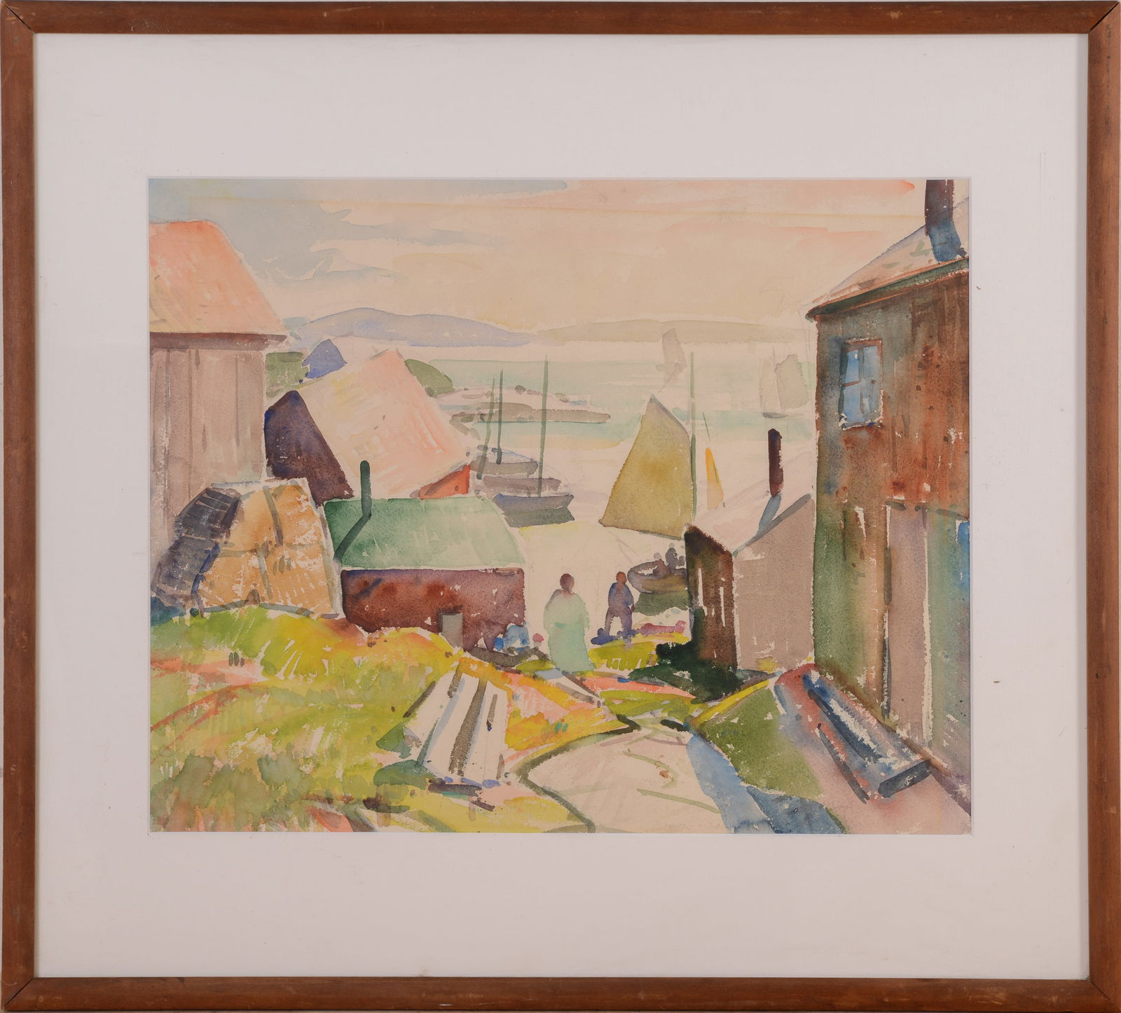 New England Harbor Village Watercolor.: Unsigned, c. 1930â€™s. 15 x 19 inches, sight. Framed, 23 x 26 inches.