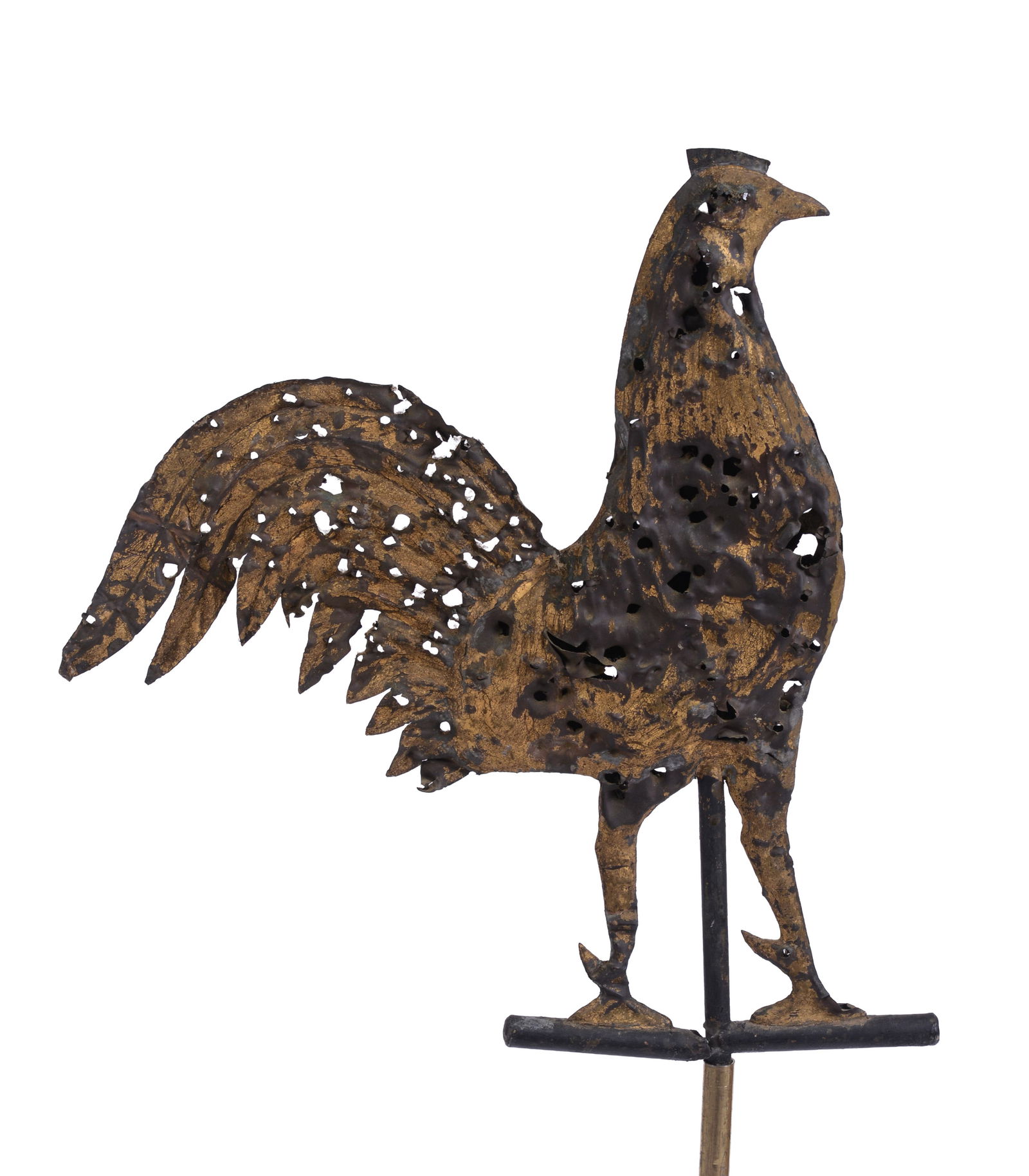 Gilt Rooster Weathervane: 18 x 16 inches, bullet holes, 19th c.