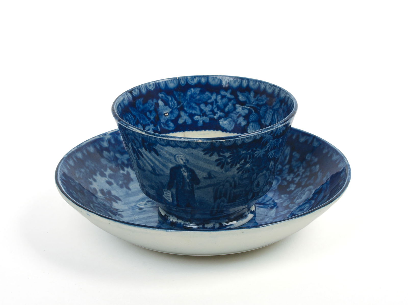 Historic Staffordshire Washington Standing at His Tomb Cup and Saucer: Diameter of saucer 5.75 inches, good condition.