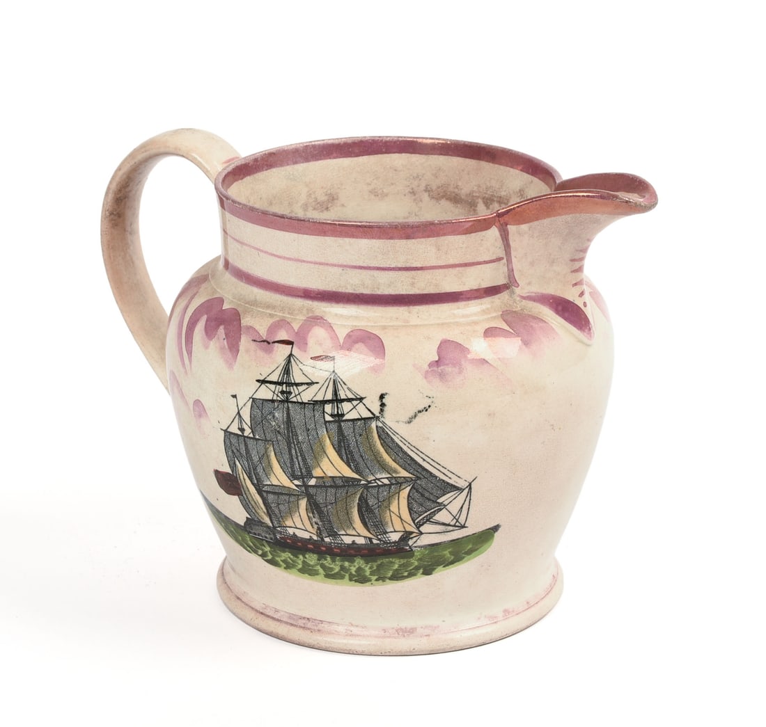 Sunderland Luster Pitcher: Depicts a ship on one side and the Wear River cast iron bridge on the other, c. 1840. Height 5.5 inches.