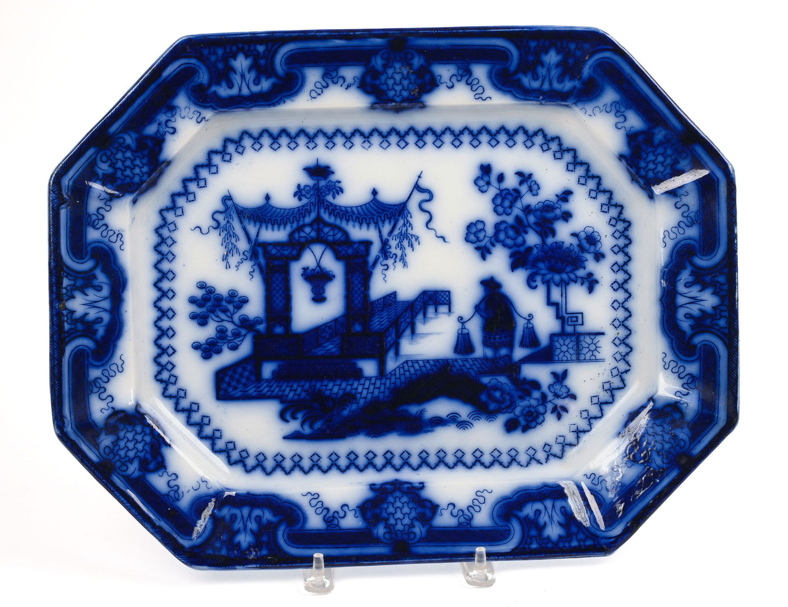 T J & J Mayer Flow Blue Platter: Oregon Chinese Porcelaine, 19th century, 17.5 x 13.5 inches.