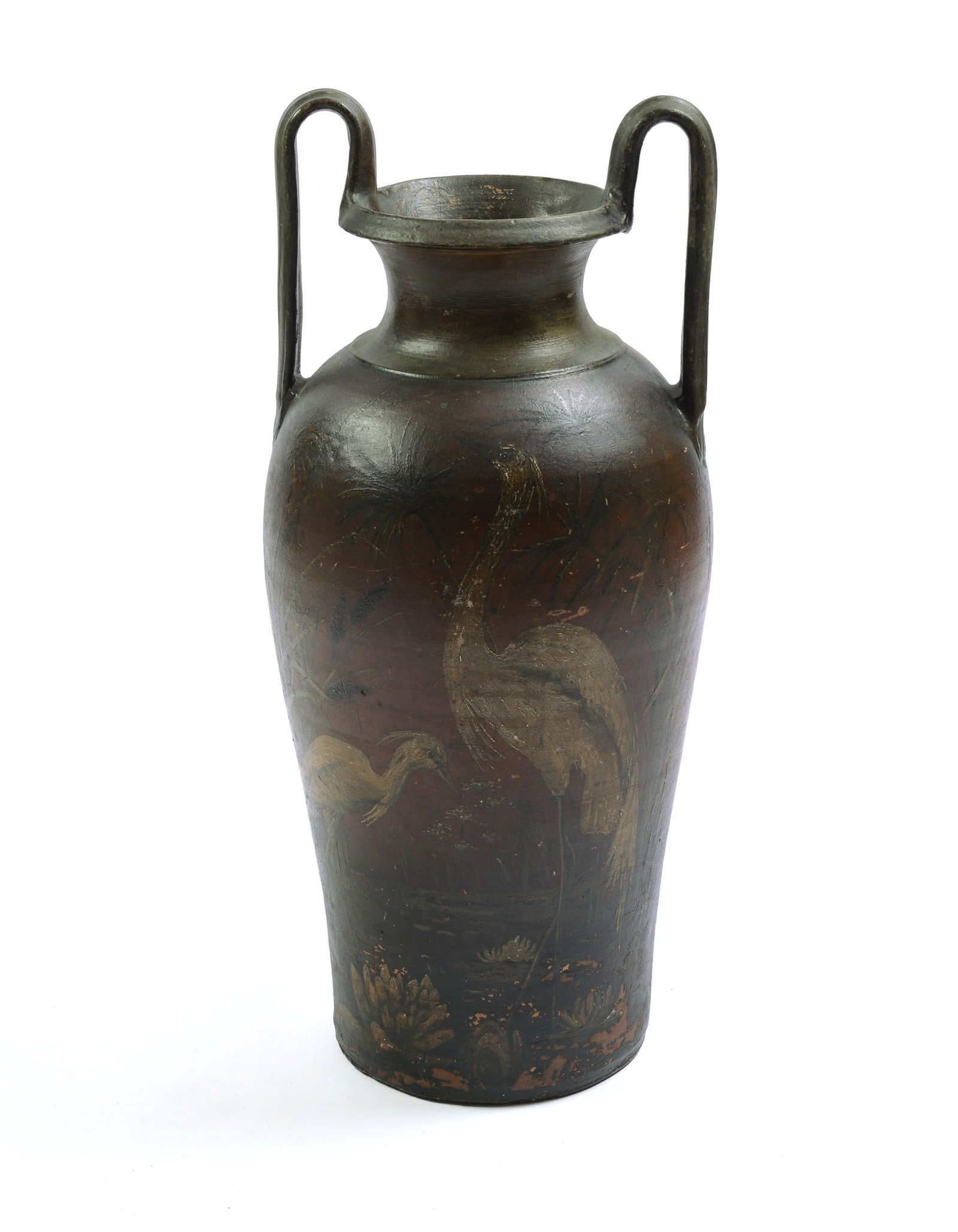 Large Folk Painted American Redware Handled Vase: Painted with 2 herons in a lotus pond, late 19th century. Height 27 inches.