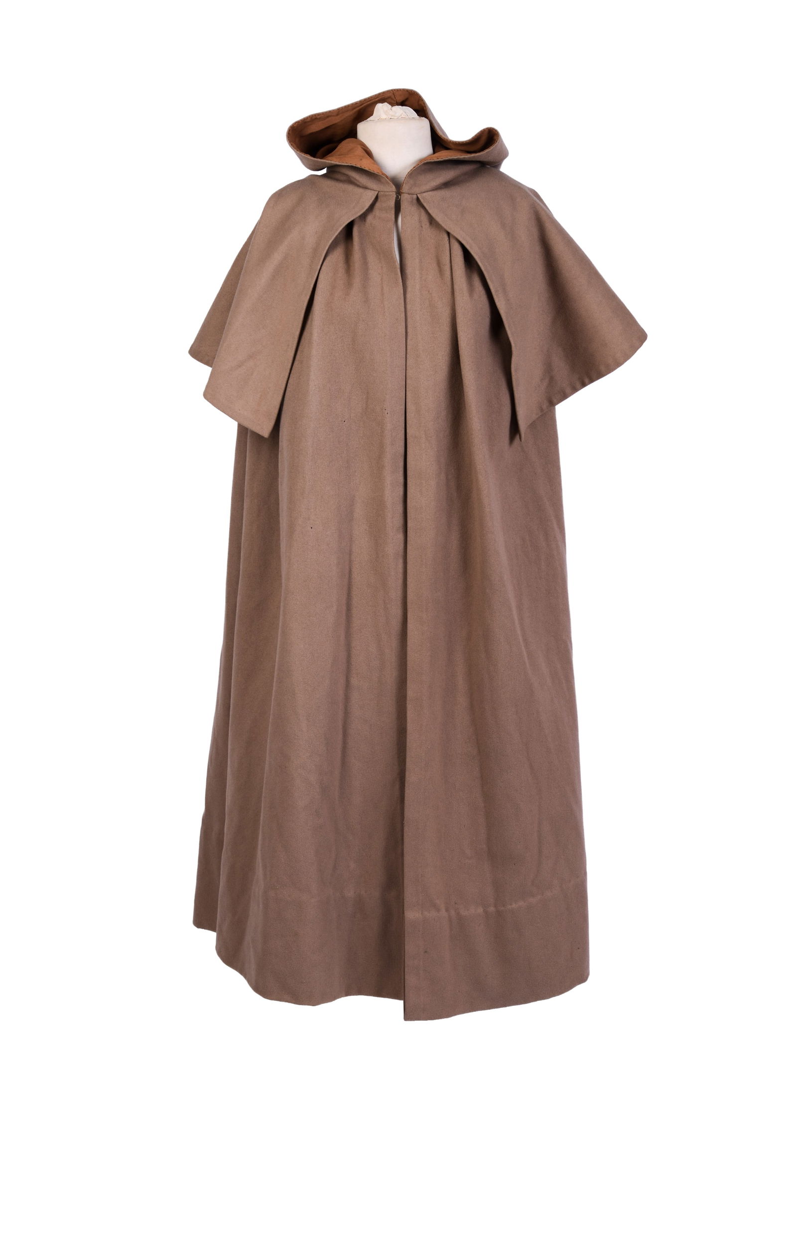 Shaker Cloak: Length including hood 61 inches. By report given to the Chipman family of Poland, Maine by the Sabbath Day Lake Shakers, Poland, Maine, scattered small holes