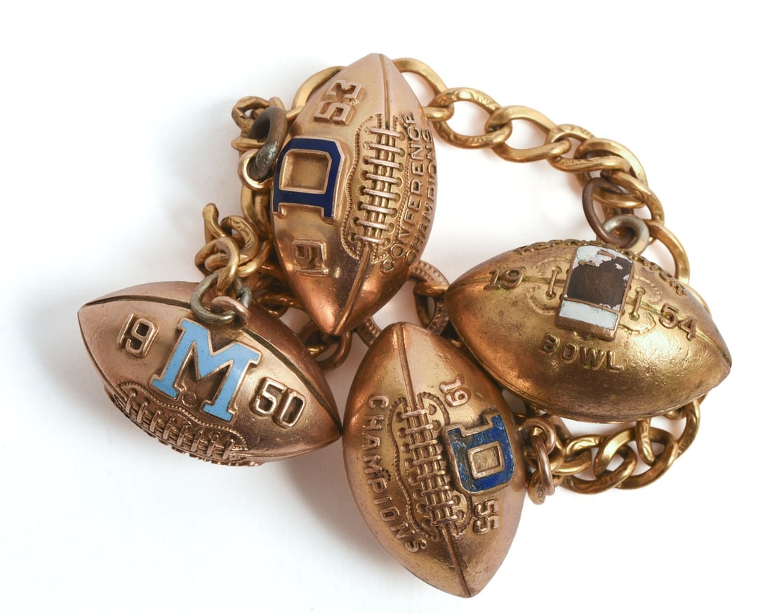 Four Gold Filled Championship Football Charms Bracelet.: 1950-1955, one for Refrigerator Bowl. Diameter 2.5 inches.