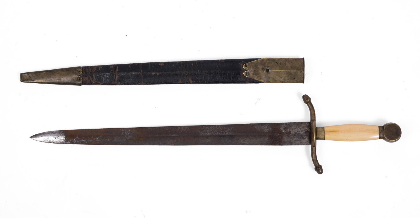 Rare Lentz & Maxheimer Sword, New York: 19th century, length of blade 16 inches, acorn tipped quillions, leather scabbard, company mark on pommel, rust on blade